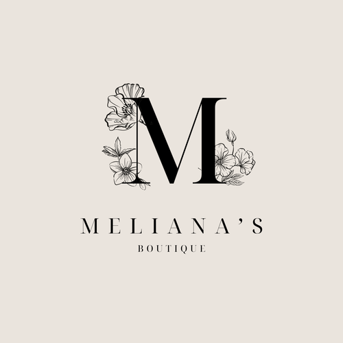 Logo for Meliana's Boutique with a stylized 'M' and floral elements on a beige background