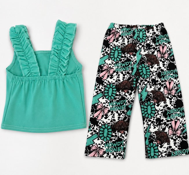 A two-piece toddler girl's outfit set featuring a solid teal green ruffle-strap tank top and matching patterned leggings with a black, white, teal, and pink candy corn design.